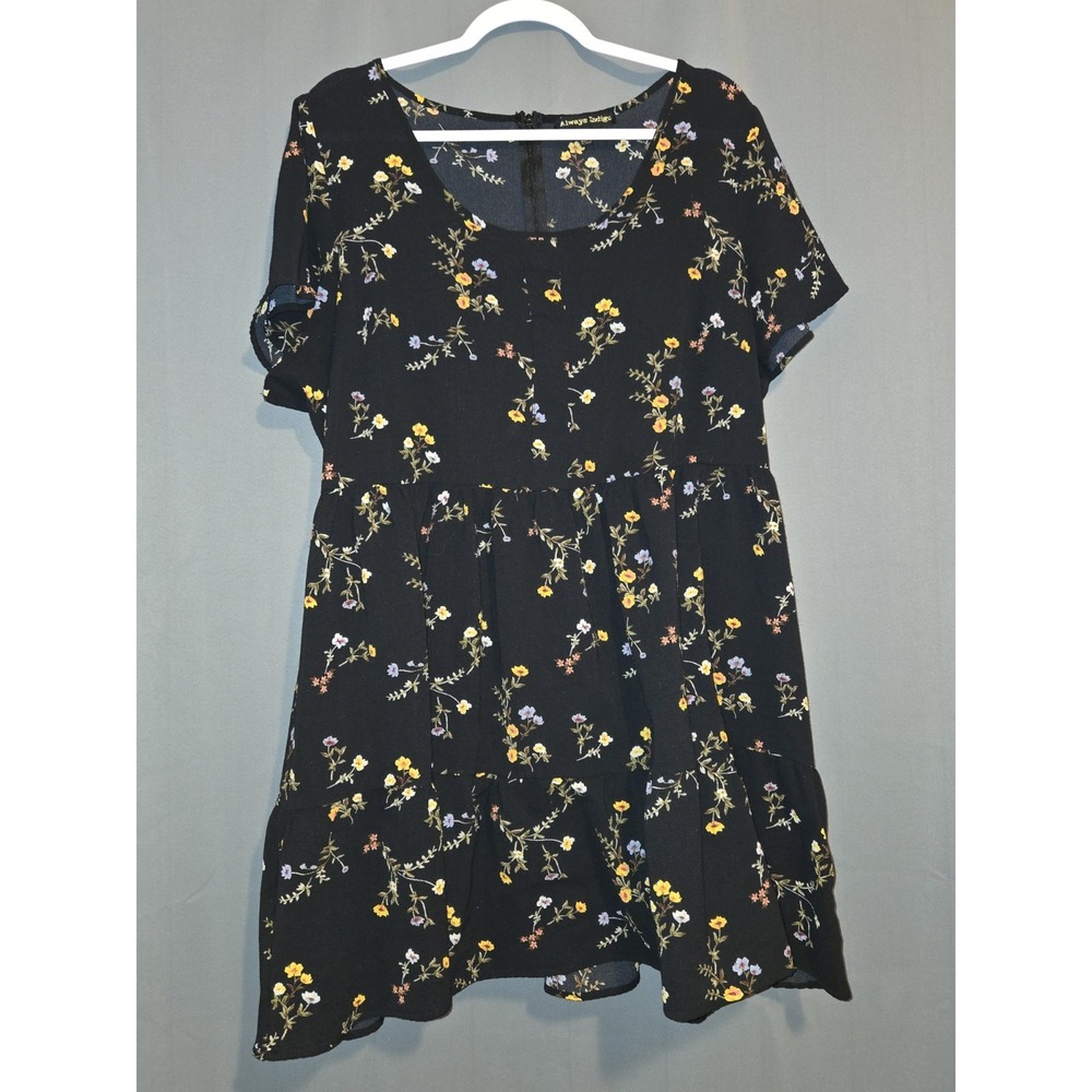 Always Indigo Floral Print Tiered Dress‎ Short Sleeve Casual Black 2X